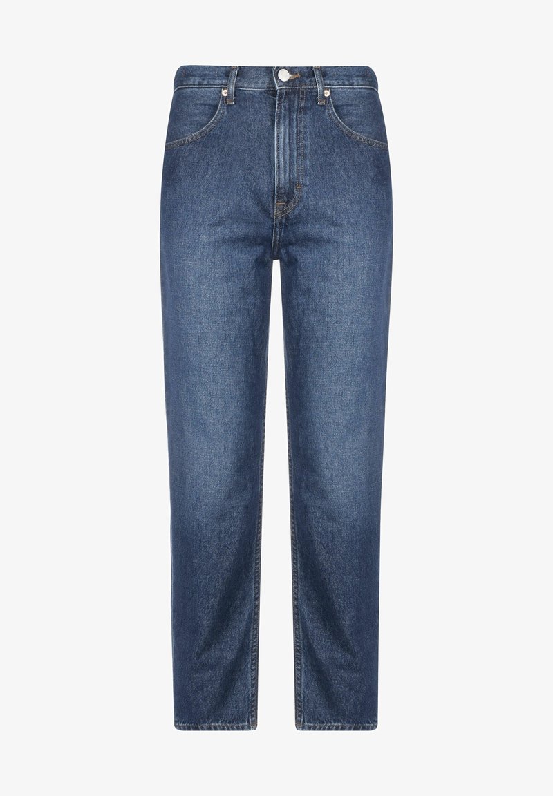 Jeans de mezclilla azul oscuro con pierna recta, cintura alta, diseño de cinco bolsillos y cierre frontal con botón. Presenta detalles de costura sutiles.