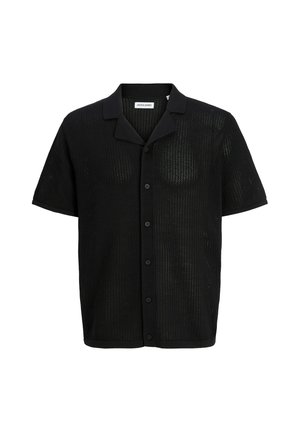 Maglia nera a maniche corte in maglia con bottoni sul davanti e trama traforata, caratterizzata da un colletto a risvolto e una vestibilità casual.
