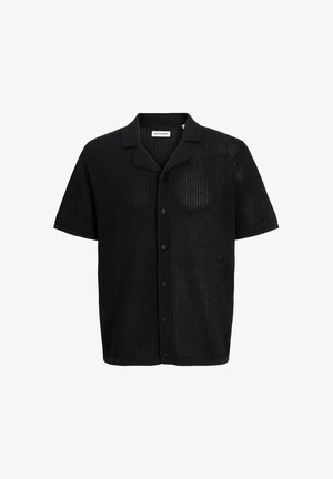 Maglia nera a maniche corte in maglia con bottoni sul davanti e trama traforata, caratterizzata da un colletto a risvolto e una vestibilità casual.
