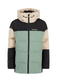 Gepolsterte Jacke mit einem Farbblockdesign in Mintgrün, Beige und Schwarz, mit einem Frontreißverschluss und verstellbarem Kapuzen. 