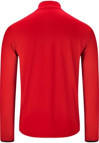 Rode longsleeve shirt met een hoge kraag, gemaakt van een gladde stof met horizontale textuurlijnen en een uniforme kleur door het hele shirt.