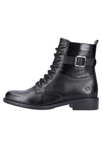 Bottines noires avec un avant en cuir lisse, un dos en imprimé serpent texturé, accent en boucle en métal et un design à bout rond. Semelle en caoutchouc.