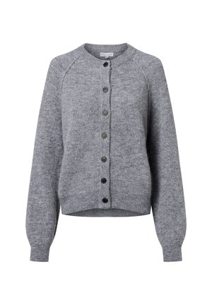 Gilet en tricot gris avec un col rond, des boutons à l'avant, des poignets côtelés et un ourlet légèrement cropped. Fabriqué en tissu doux pour la chaleur.