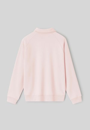 Sweat-shirt rose clair à manches longues avec un col, présenté de dos sur un fond gris uni.