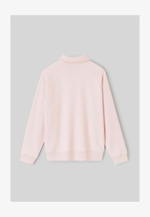 Sweat-shirt rose clair à manches longues avec un col, présenté de dos sur un fond gris uni.