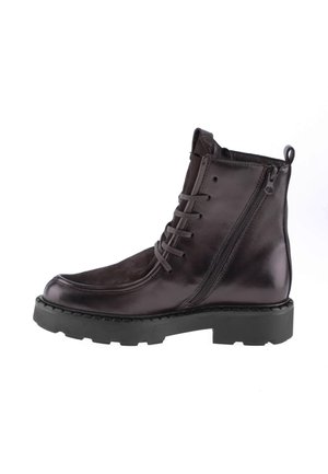 Dunkelbrauner Lederknöchel-Stiefel mit seitlichem Reißverschluss, vorn Schnürung, robuster schwarzer Sohle und Zuglasche hinten.