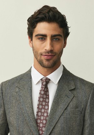 Man with dark curly hair wearing grey herringbone suit jacket, white shirt, and red patterned tie, looking forward with neutral expression.