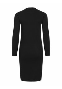 Črna dolga majica iz pletenine; ima raven silhuet in okroglo ovratnik, z gladko teksturo in brez vzorcev.