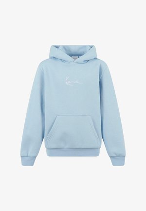 Sweat à capuche bleu clair avec poche kangourou à l'avant et petit logo blanc en script centré sur la poitrine.