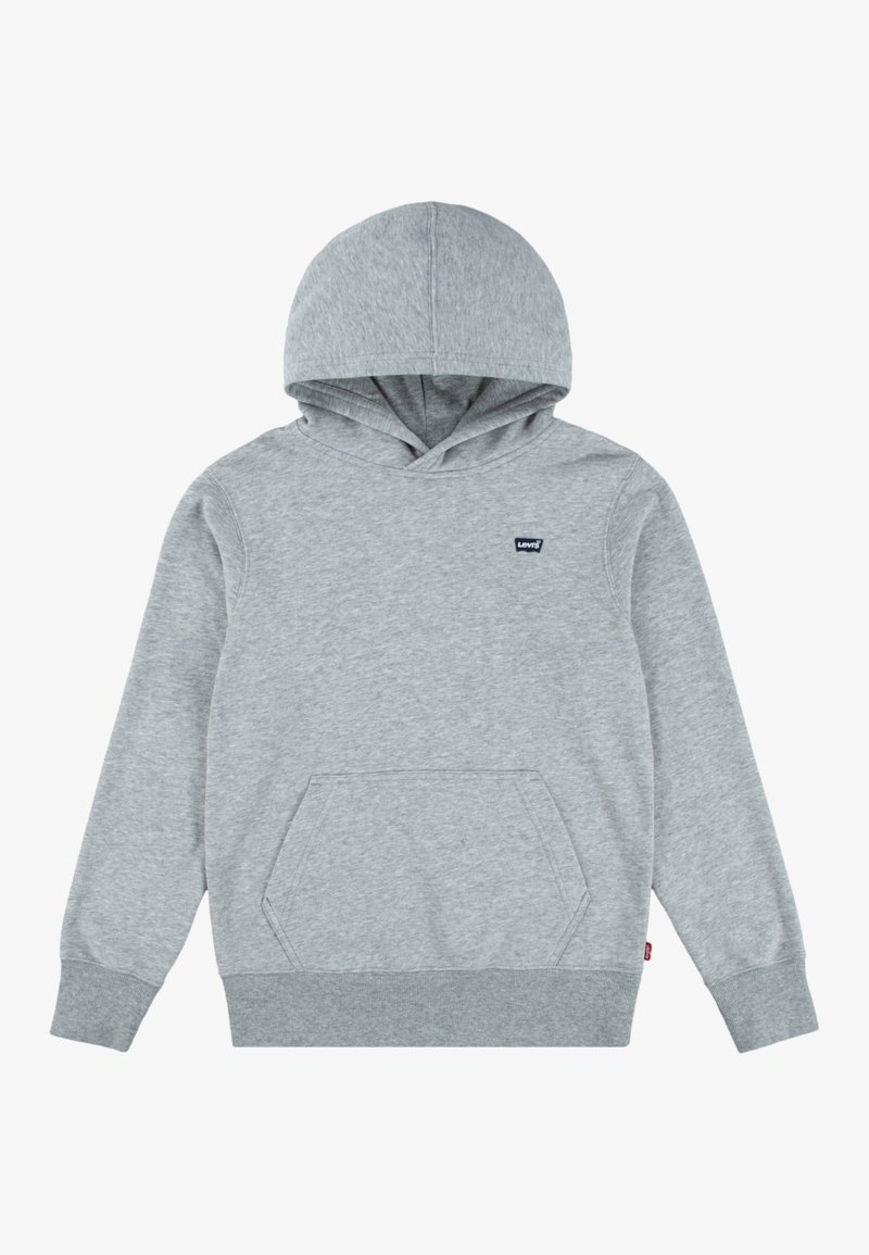 Sudadera gris con un bolsillo canguro, puños y dobladillo acanalados, capucha con cordón y una pequeña etiqueta de logo en el lado izquierdo del pecho. Material de suave mezcla de algodón.