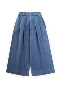 Helehele sinised denimpüksid laiade sääregadega, kõrge talje, voltidega, küljetaskutega ning sileda tekstuuri ja puhta viimistlusega.