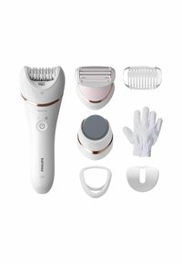 Philips ontharingsapparaat in het wit met rosegouden accenten; omvat verschillende opzetstukken: epilator kop, scheerkop, exfoliërende handschoen en hoes.