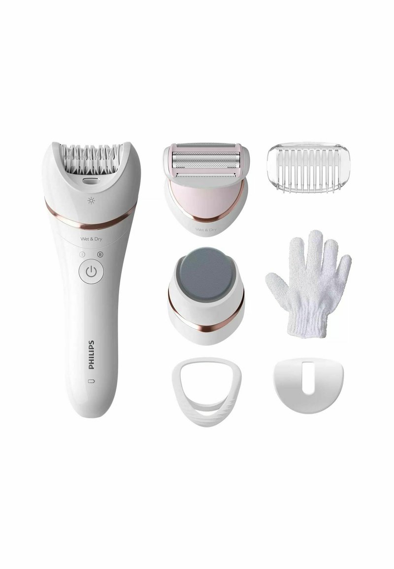Philips ontharingsapparaat in het wit met rosegouden accenten; omvat verschillende opzetstukken: epilator kop, scheerkop, exfoliërende handschoen en hoes.