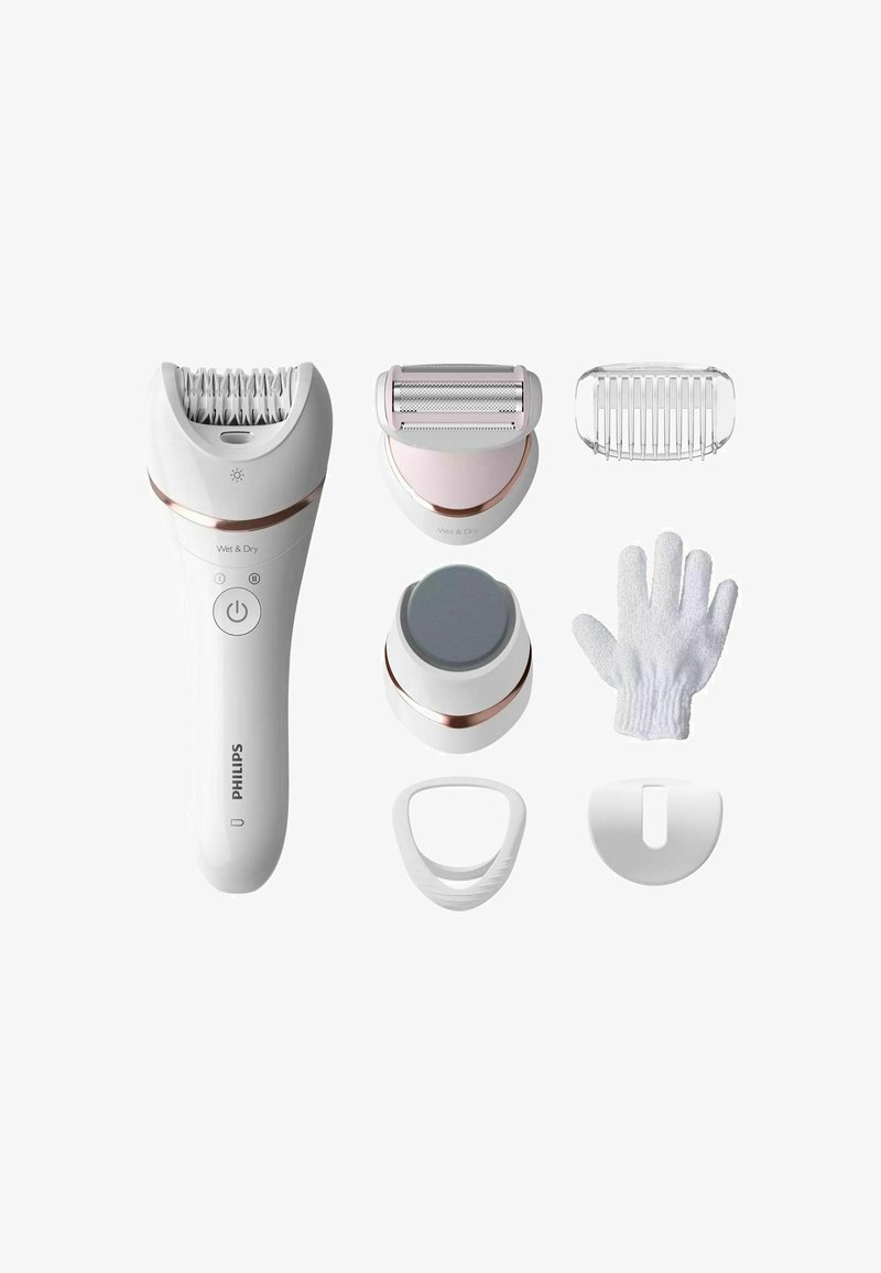 Philips ontharingsapparaat in het wit met rosegouden accenten; omvat verschillende opzetstukken: epilator kop, scheerkop, exfoliërende handschoen en hoes.