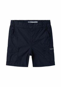 Marineblaue Cargo-Shorts aus leichtem Stoff, mit zwei Seitentaschen und einer kleinen Seitentasche mit einem Etikett. Elastischer Bund für zusätzlichen Komfort.