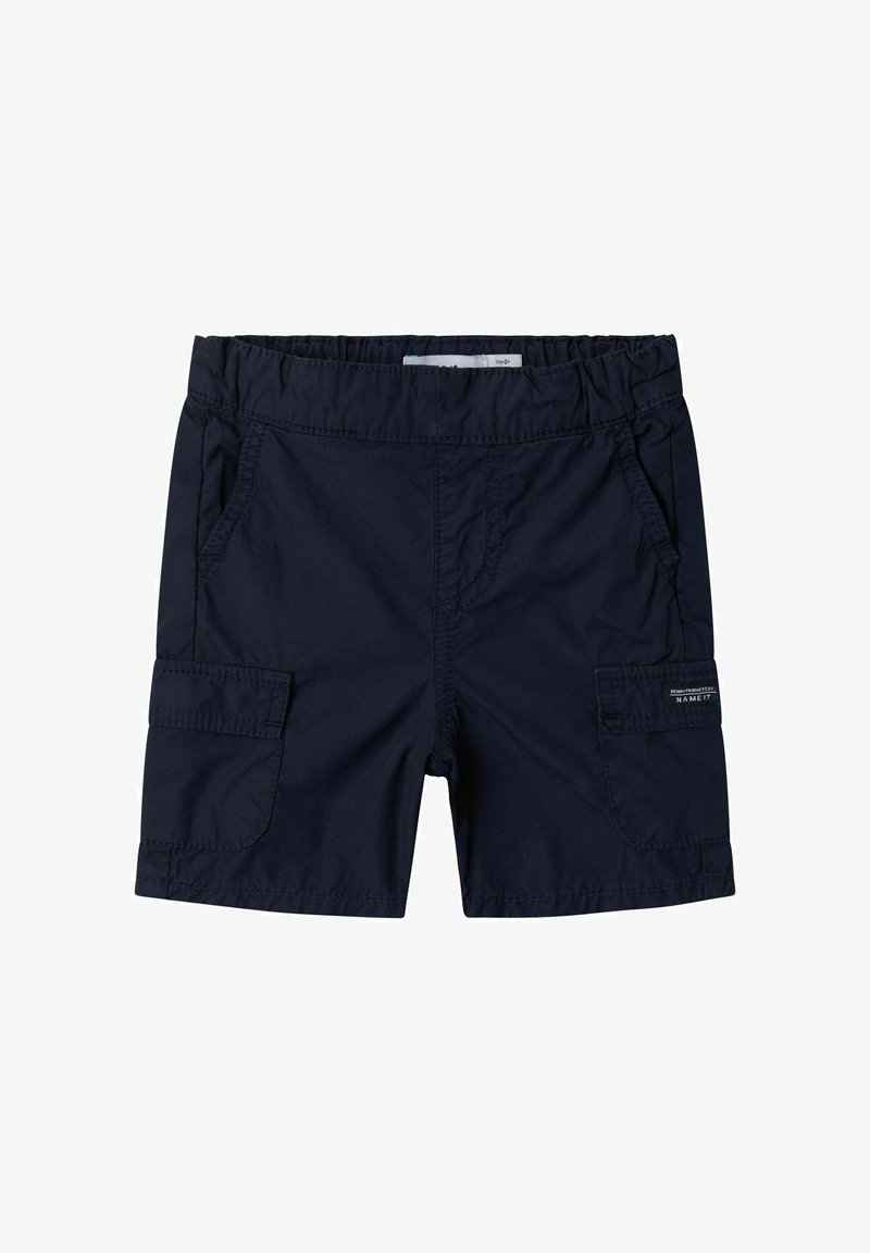 Navy blue cargo shorts made of lightweight fabric, featuring two side pockets and a small side pocket with a label. Elastic waistband for comfort.