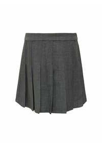 Gonna grigia plissettata con vita strutturata, realizzata in tessuto testurizzato, dalla lunghezza corta e con pieghe uniformi che creano una silhouette fluida.