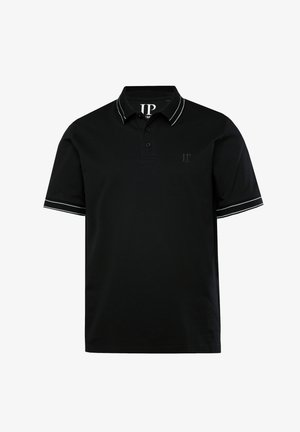 Sort polo skjorte med korte ærmer, udstyret med placket med to knapper, hvid trim på kraven og ærmerne samt et lille logo på brystet.