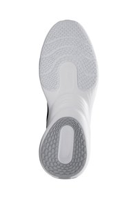 Suela de sneaker de goma blanca con una superficie texturizada y patrón, y un acento gris. Diseño suave y flexible con una forma redondeada.