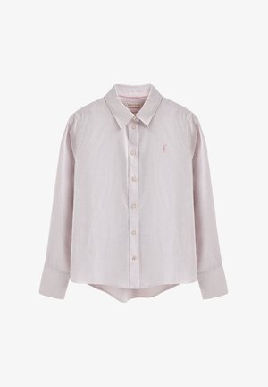 Pasiasta koszula z długim rękawem w jasnoróżowym i białym kolorze. Posiada zapięcie na guziki z przodu, kołnierzyk oraz małe haftowane logo na piersi.