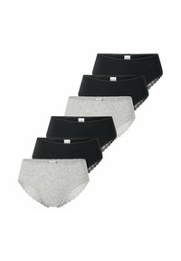 Zeven paar damesondergoed in zwart en grijs. De stof is glad met een kantje langs de taille. Verschillende kleuren wisselen elkaar af.