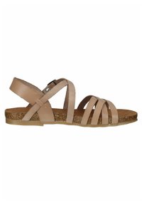 Beige leather sandal with multiple crisscross straps and a back strap, featuring a textured cork footbed and a flat rubber sole.