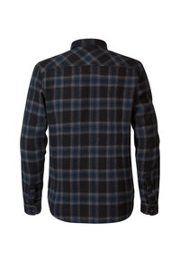Chemise à manches longues boutonnée avec motif à carreaux bleu, noir et gris, vue de dos sur fond blanc.
