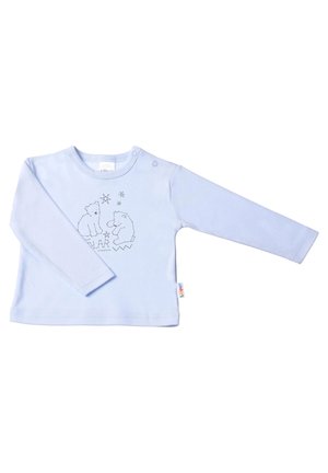 Light blue long-sleeve shirt made of soft cotton, featuring a bear illustration and stars in black print, with a snap button on the shoulder.