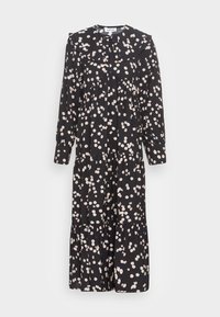 Vestido florido preto com mangas longas, apresentando uma gola em camadas, design em camadas e pequenos padrões de flores brancas e rosas por toda a peça.