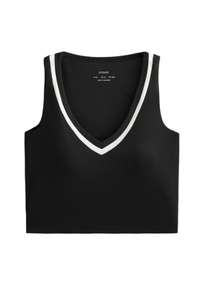 Schwarzes ärmelloses Cropped Top mit tiefem V-Ausschnitt, versehen mit einem weißen kontrastierenden Besatz am Ausschnitt. Markenlabel in der Mitte sichtbar.