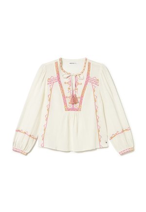 Blusa de manga larga color blanco roto con bordados en rosa y naranja, lazo con borlas en el escote y mangas y cintura fruncidas.