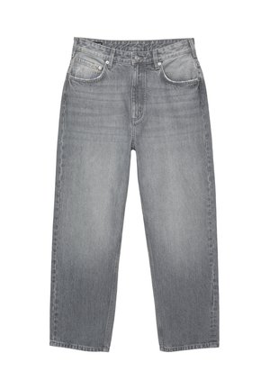 Grå denim jeans med lige ben, fem-lomme design og subtilt falmet tekstur, med knap- og lynlåslukning.
