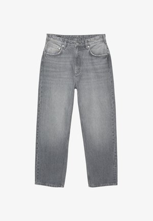 Graue Denim-Jeans mit geradem Bein, Fünf-Taschen-Stil und subtiler, verblasster Textur, ausgestattet mit einem Knopf- und Reißverschluss.