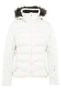 Veste d'hiver blanche matelassée avec capuche doublée en fourrure et fermeture éclair frontale, avec poches zippées et bracelets de poignet réglables.