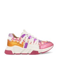 Kleurrijke sneaker met een mix van roze, oranje, paars en witte materialen. Geweven patronen en witte veters accentueren het ontwerp.