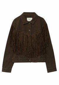 Bruine spijkerjas met franjes aan de voorkant, knoopsluiting en een klassieke kraag. Zachte textuur en een getailleerde pasvorm.