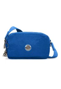 Borsa a tracolla blu in tessuto testurizzato con chiusura a zip, dotata di un logo rotondo e di un charm decorativo sul cursore della zip.