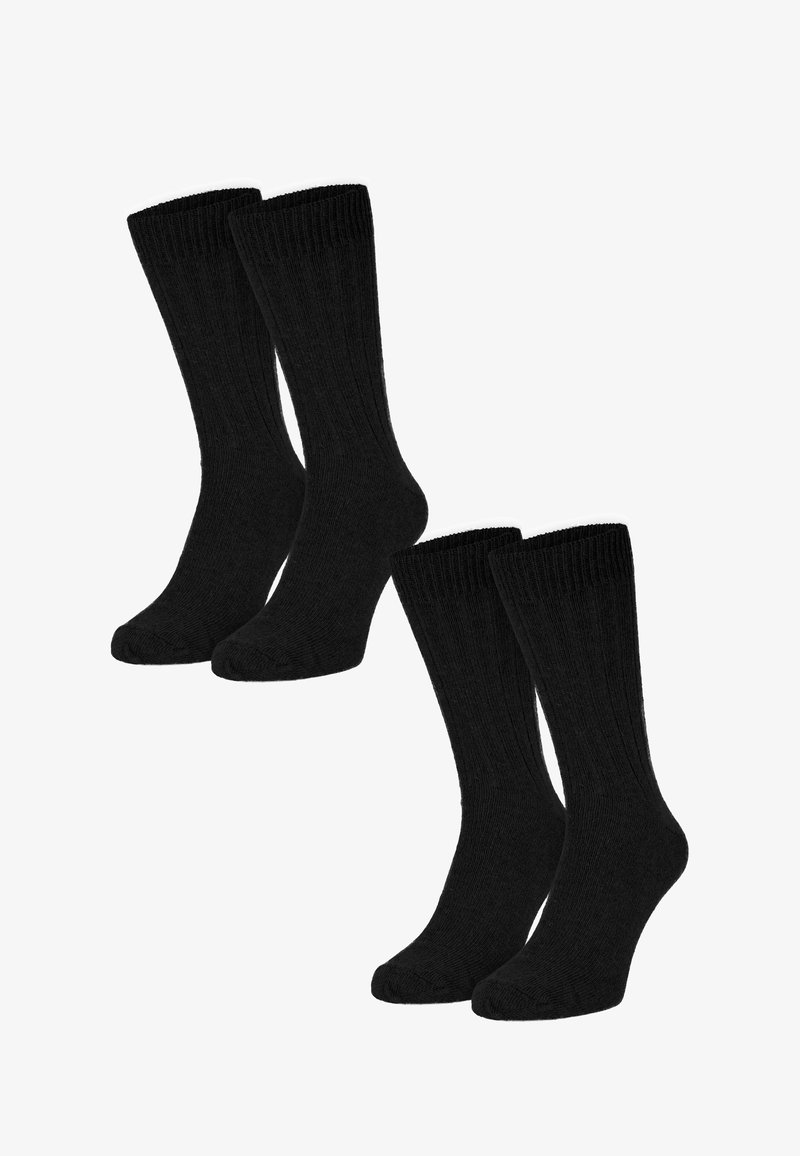 Black cotton crew socks, ribbed texture, knee-length, featuring a smooth toe seam, two pairs displayed side by side.