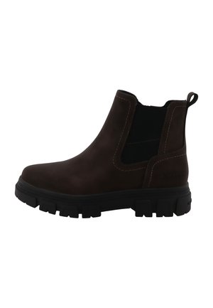 Botte Chelsea en cuir marron foncé avec panneau latéral élastique noir, semelle noire épaisse et languette à l'arrière.