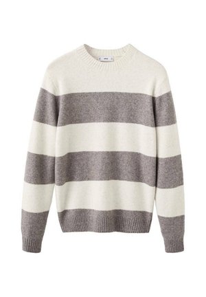 Suéter de cuello redondo de manga larga con amplias rayas horizontales en colores gris claro y blanco roto alternados, con puños y dobladillo acanalados.
