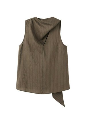 Bezrukávový hnedý top s pásikmi, s asymetrickým zdobeným výstrihom a predĺženým látkovým detailom visiť na zadnom leme.