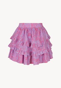 Bloemenprint rok in lavendel met roze ruffles. Heeft een elastische tailleband en gelaagde lagen voor een gestructureerd ontwerp.
