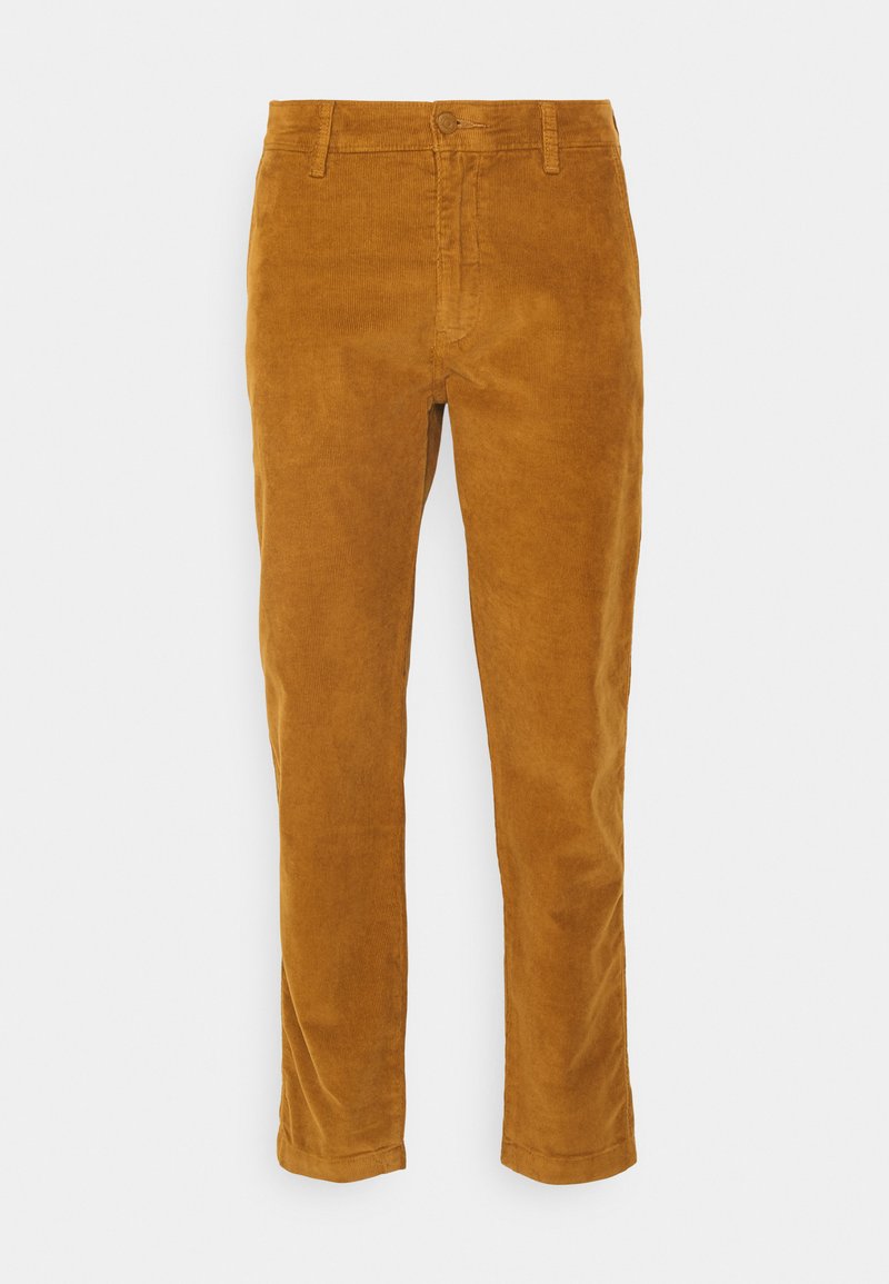 Pantalon en velours côtelé de couleur jaune moutarde, avec une coupe droite, des poches avant et une fermeture à un bouton. Texture lisse.