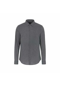Camicetta a maniche lunghe di colore grigio scuro con un sottile motivo geometrico, colletto button-down e orlo dritto, realizzata in tessuto leggero.