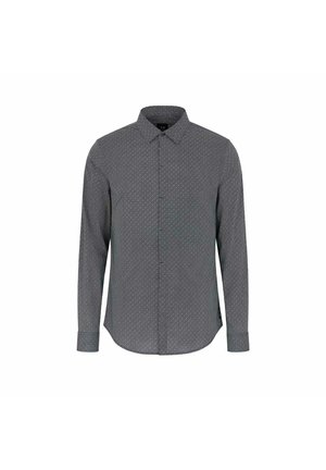 Camicetta a maniche lunghe di colore grigio scuro con un sottile motivo geometrico, colletto button-down e orlo dritto, realizzata in tessuto leggero.