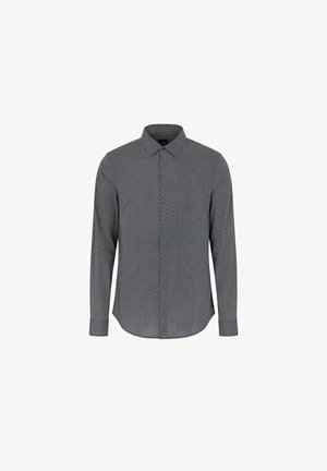 Camicetta a maniche lunghe di colore grigio scuro con un sottile motivo geometrico, colletto button-down e orlo dritto, realizzata in tessuto leggero.