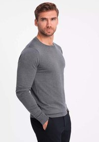 Grauer langärmeliger Pullover aus weichem Stoff, mit einem Rundhalsausschnitt und ribbelten Bündchen, getragen über schwarzen Hosen.