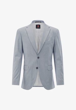 Hellgrauer Herrenblazer mit dezentem Karomuster, zwei Knöpfen vorne, Revers mit Kerbkragen und Pattentaschen, unten offen getragen.