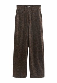 Weite Stoffhosen in dunkelbraun mit einem subtilen Tierdruck. Mit Gürtelschlaufen, Reißverschluss und Fronttaschen.