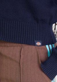 Tamsiai mėlynas raukšlėtas svarkas, derinamas su rudos spalvos dryžuotomis kelnėmis, turinčiomis turkio spalvos šoninius dryžius ir Dickies logotipo etikete ant juosmens.